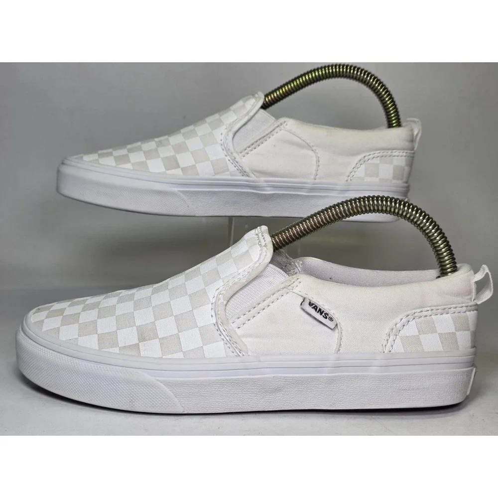 VANS Checkerboard Youth Sneakers Size 4 White Cream Low Top Slip On Shoes 500714